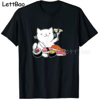 Cute Sushi Eating Cat T Shirt Kawaii Tshirt Funny Print Tshirt Cotton Tee Mens Tshirts Aesthetic Clothing 100% Cotton