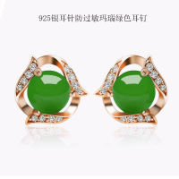 925 pure silver ear nail large temperament anti allergy green chalcedony Earrings female Agate Earrings Fashion versatile Earrings RIUR