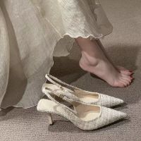 รองเท้าแตะรองเท้าส้นสูงหัวแหลมส้นบางสำหรับผู้หญิง,ลมมีกลิ่นหอมเล็กๆคุณภาพสูงใหม่หลังว่างเปล่านิ้วเท้า
