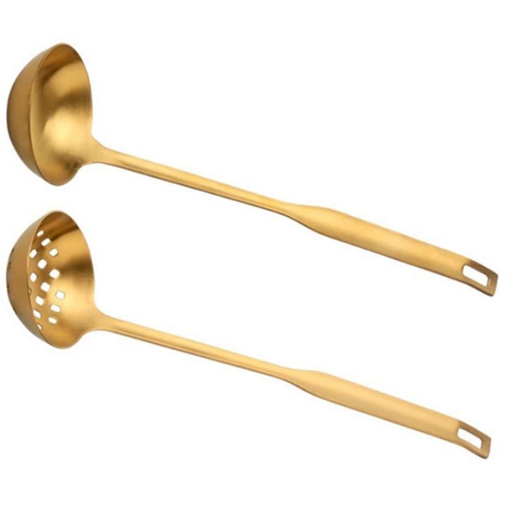 gold-soup-ladle-colander-set-long-handle-stainless-steel-kitchenware-cookware-serving-spoon-for-cooking-utensil-2-pcs
