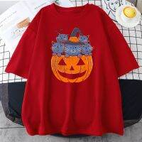 Happy Halloween tshirt เครื่องแต่งกายฮาโลวีนสัตว์เลี้ยงลายแมวลายฟักทองฮาโลวีนผ้าฝ้าย 100% พิมพ์บนลายพิมพ์ สีสันสดใสจั