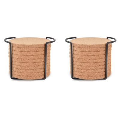 20X Round Cork Coasters for Drinks,with Metal Holder Storage Caddy,Reusable Saucers for Cold Drinks Wine Glasses Cup