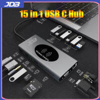 JDB 15 In 1 USB Type-C Hub 4K HDMI VGA 10W Wireless Charging PD100W Fast ชาร์จ5Gpbs ความเร็วในการรับส่งข้อมูลสำหรับ iPad Pro 2020, Samsung Galaxy S10 S9, Huawei P30,สำหรับ MacBook,mac Pro/Mini,Surface Pro, XPS, PS4, Xbox One, Flash Drive, HDD
