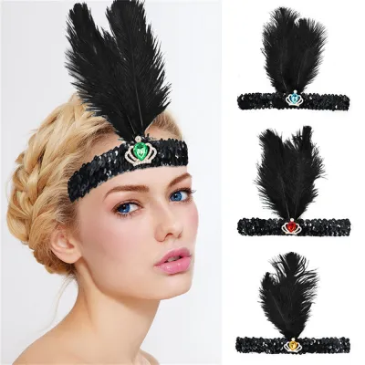 1920s Prom Feather Headpiece Halloween Feather Headband Bachelorette Party Hair Accessory Gemstone Black Hair Accessory 1920s Prom Feather Headpiece Crown Gemstone Elastic Hair Accessories Halloween Theme Headwear Feather Headband For Parties Gemstone