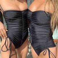 Cikini New Fashion Drawstring One-Piece Swimsuit Womens Solid Pleated Sexy Sling Bikini Bathing Suit For Female