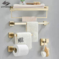 Brushed Gold ชุดอุปกรณ์ห้องน้ำผ้าขนหนู Rail Bath Robe Hook Bar Rack ชั้นวางกระดาษทิชชู่ผู้ถืออุปกรณ์ห้องน้ำ