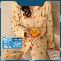 QWEEK Cotton Home Suit Korean Sleepwear Orange Print Pajamas Women Autumn Pijama Pyjamas Long Short Sleeve 2 Piece Set Nightwear