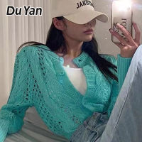 Du Yan เสื้อแจ็คเก็ตสเวตเตอร์มีรูสำหรับผู้หญิง,เสื้อสเวตเตอร์เสื้อคาร์ดิแกนแบบถักมีกลิ่นหอมน้อยเสื้อคาร์ดิแกนแบบถักฤดูใบไม้ผลิ