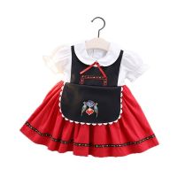 Girls Octoberfest Dress Bavarian Carnival Clothes For Kids German Beer Wench Costume Dirndl Cotton With Apron Stretch Cuffs