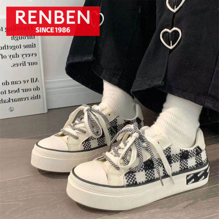 renben-รองเท้าสไตล์เกาหลีสีขาวหญิงรองเท้าผ้าใบสไตล์เรโทรรองเท้าผู้หญิงนักเรียนทุกชุดเพิ่มกีฬาสันทนาการ