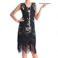 Art Deco 1920S Sequined Vintage Dress Beaded Gatsby With Sleeveless 20S FlapperCostume Long Fringed Dress For Women