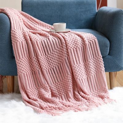 Inya Navy All Throw Blanket for Couch Sofa Bed Decorative Knitted Blanket with Tassels, Soft Lightweight Cozy Textured Blankets