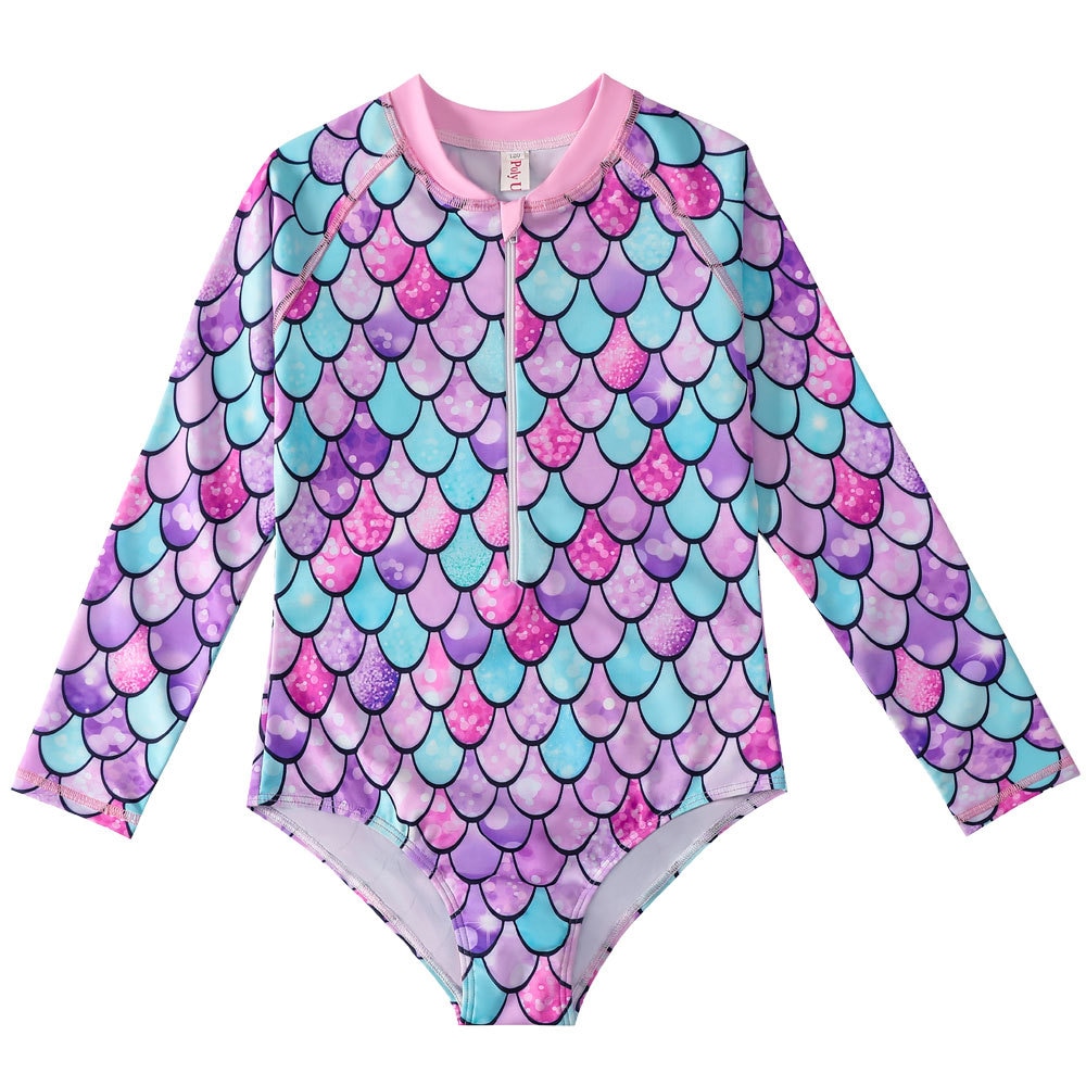 Floral Mermaid Toddler Baby Girl Swimwear Long Sleeve Infant Bathing Suits Bright Ruffle Swimsuit Kids One Piece Beachwear