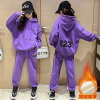 [COD] 2022 winter new girls suit autumn and plus velvet thick middle big childrens Korean version of the sweater hooded trousers two-piece set