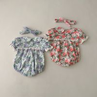 、‘】【= Summer Newborn Baby Girls Floral Bodysuits Lace Collar -Perfect For Full Moon And Hundredth Day Celebrations! Gift Bow Headband