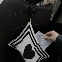 Black And White Heart Car Tissue Box Tulip Knitting Cotton Thread Napkin Holder Bedroom Kitchen Desktop Car Storage Napkins Tissue Holders