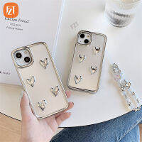 (มีสายรัดข้อมือ) สีเงินรักเคสโทรศัพท์กันกระแทกสำหรับ iPhone 14 13 12 Pro Max PC เคสเคลือบอิเล็คโทรเพลท360ฝาครอบรวมทุกอย่าง