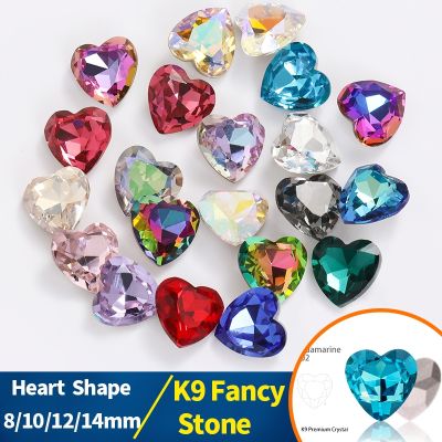 8/10/12/14mm Heart Rhinestone Jewelry Gemstones Plated K9 Glass Crystal Sapphire Stone Nail Art Sticker Strass Heart Charms