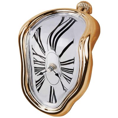 Melting Clock, Block-Type Twisted Clock,Melted Clock for Decorative Home Office Shelf Desk Table Funny Gift, Gold