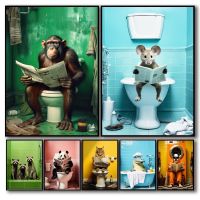 2023✶ Chimpanzee Cat Elephant Bathroom Toilet Poster Animal Humor Nordic prints Wall art Home decoration cafe posters canvas painting