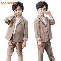 lontakids 2Pcs เด็กชายสูทกากีเสื้อเบลเซอร์ฤดูร้อนกางเกง/กางเกงขาสั้นสุภาพบุรุษชุดสูททางการชุดชุดแต่งงานสำหรับ2-14ปี