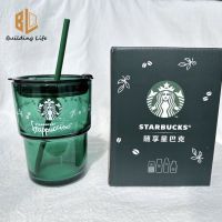 ถ้วยน้ำ Starbucks แก้วน้ำมีหลอดย้อนยุคแก้วกาแฟสีเขียวเข้ม420มล. ความคิดสร้างสรรค์