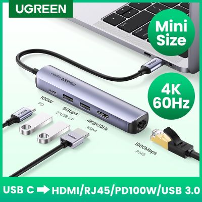 UGREEN USB C ฮับ4K 60Hz มินิ USB ประเภท C 3.1ไปยัง HDMI RJ45 PD USB 3.0อะแดปเตอร์ OTG USB C สำหรับ MacBook Air Pro 2020 PC แท่น USB FONA