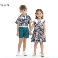 top and top 2022 Summer Boys and Girls Matching Outfits,Floral Style,Toddler Boy Gentleman Shorts Set Girls Sleeveless Dresses