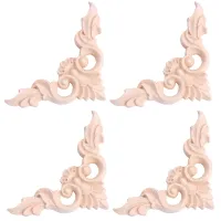 4pcs 8*8cm Wood Carved Corner Onlay Furniture Home Decorations Unpainted Applique