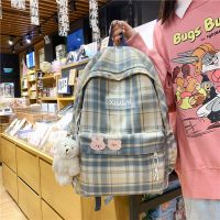 Large capacity backpack Backpack New Campus backpack cute girl Plaid canvas schoolbag Korean version girl Backpack