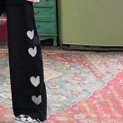 shenghao กางเกงฮาราจูกุแบบมีเชือกผูกสำหรับผู้หญิงกางเกงขากว้างเอวสูงโอเวอร์ไซส์แฟชั่นเกาหลีทรงตรงสวยงาม