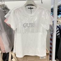 GUESS เสื้อยืดแขนสั้นสำหรับผู้หญิง,เสื้อคอกลมพิมพ์ลายโลโก้เทรนด์แบบลำลองแขนยาวครึ่งแขน