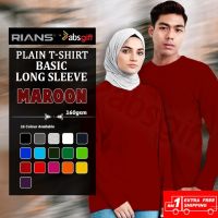 RIANS (LONG SLEEVE) Plain Cotton Round Neck T-Shirt (BASIC) 160gsm (Men Women) - MAROON [READY STOCK]