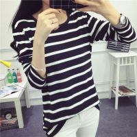 Women Navy Black White Stripes Long Sleeve Casual T-shirt