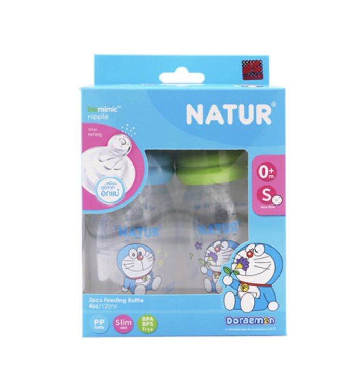 natur-เนเจอร์-โดเรม่อน-ขวดนม-pp-ขนาด-4oz-แพ็ค-2-มาพร้อมจุกนมไบโอมิมิค-ไซส์s