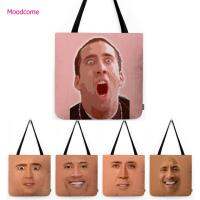 Funny Hilarious Nicolas Cage Dwayne Johnson Rock Smile Face Meme Art Humorous Cotton Linen Unique Shoulder Bag Carrying Tote Bag