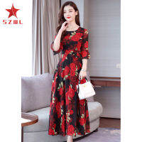 SZWL Women Summer Long Dress Fashion Flower Printing Pagoda Half Sleeve Slim Waist A-line Bohemia Dress