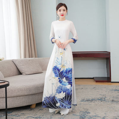 2022สไตล์จีน Lotus พิมพ์ปรับปรุง Cheongsam Aodai 2ชิ้นทุกวันเครื่องแต่งกายชุดทีมหญิง