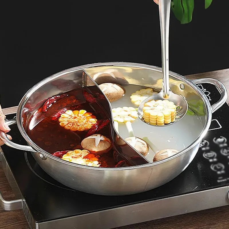 Chinese Hot Pot with Lid Thicken Stainless Steel 2 In 1 Divided