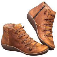 Women PU Leather Ankle Boots Cross Strappy Vintage Women Punk Boots Flat Ladies Shoes