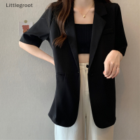 Littlegroot เบลเซอร์แขนสั้นสำหรับผู้หญิง,เสื้อแจ็คเก็ตหนังใส่ทำงานบางใส่สบายใส่ในฤดูร้อน2023