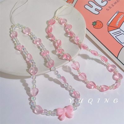 Sweet and Cute Pink Heart Mobile Strap Phone Chains For Women Pearl Chain Cellphone Pendant Charm Key Anti Lost Lanyard Jewelry