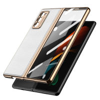 Luxury Case for Samsung Galaxy Z Fold 3 Case All-inclusive Metal Edging Tempered Glass Leather Cover for Galaxy Z Fold 2 Case