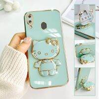 For Samsung Galaxy A30 Mobile Phone Case Fashion Temperament Plating TPU Advanced Rotary Stand Makeup Mirror Hello Kitty Folding Mirror Stand Net Red New Couple Gift Soft Touch Anti slip Anti fall Protective Case