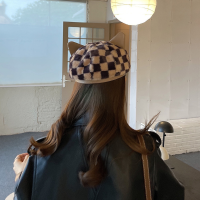 ฤดูใบไม้ร่วงฤดูหนาว checkerboard Plush WARM Beret อินเทรนด์ R หูแมวน่ารักจิตรกรหมวกแฟชั่น Cool ผู้ชายผู้หญิงสไตล์เดียวกันข่าว capboy หมวก