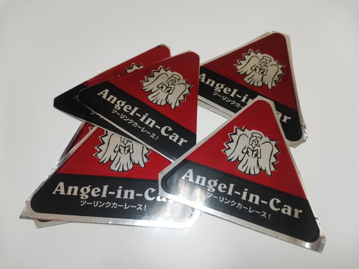 สติ๊กเกอร์ฟอยล์แดงวาว-ทรงสามเหลี่ยม-รูป-angle-in-car-นางฟ้าในรถ-นางฟ้า-หรือ-devil-die-ปีศาจ-ยมฑูต-ผี-ติดรถ-แต่งรถ-ประดับยนต์-sticker-สามเหลี่ยม