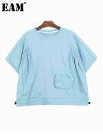 [EAM] Women Blue Pockets Drawstring Big Size Casual T-shirt New Round Neck Half Sleeve Fashion Tide Spring Autumn 2023 1DF6020