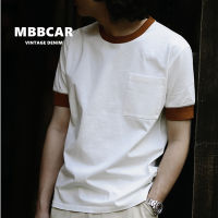 MBBCAR 2023แบรนด์ฤดูใบไม้ผลิใหม่ผู้ชายวัยรุ่นแข็งแรงแคบเสื้อมีกระเป๋าผ้าฝ้ายคอกลมหนักเสื้อยืดนักวิชาการง่ายวินเทจผู้ชาย Ami สีกากีซักแขนสั้น