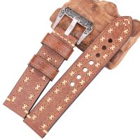 ☃ Cowhide Watchbands Retro Steel Buckle Screw-in Buckle 22mm 24mm Men Women Genuine Leather Handmade Watch Band Strap Accessories