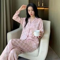 【JH】Plaid Pajamas Ladies Summer 2023 New Large Size Spring and Autumn Long Sleeve Thin Ice Silk Homewear Set